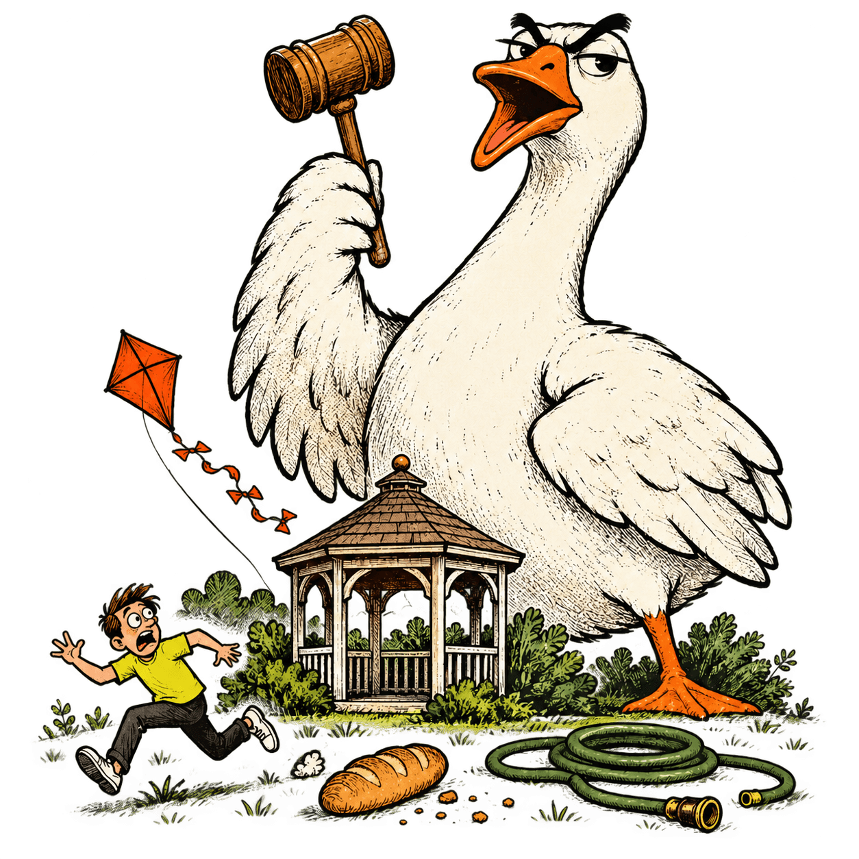 A smug goose judge holds a gavel above a tiny gazebo and a fleeing picnic guest